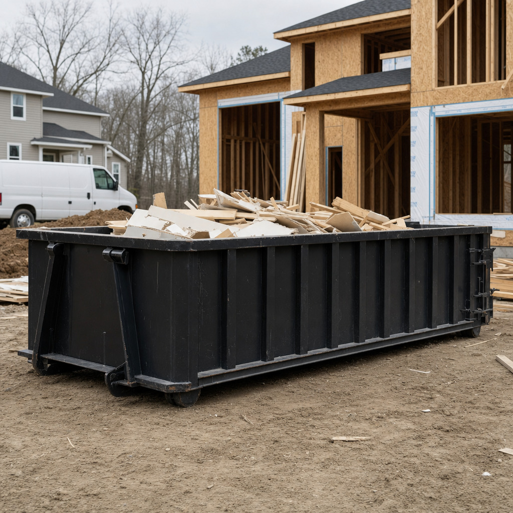 Worker in a yellow high-visibility vest tossing framing lumber and broken drywall into a matte-black 30-yard construction roll-off dumpster on an active build site in Surprise, bright daylight