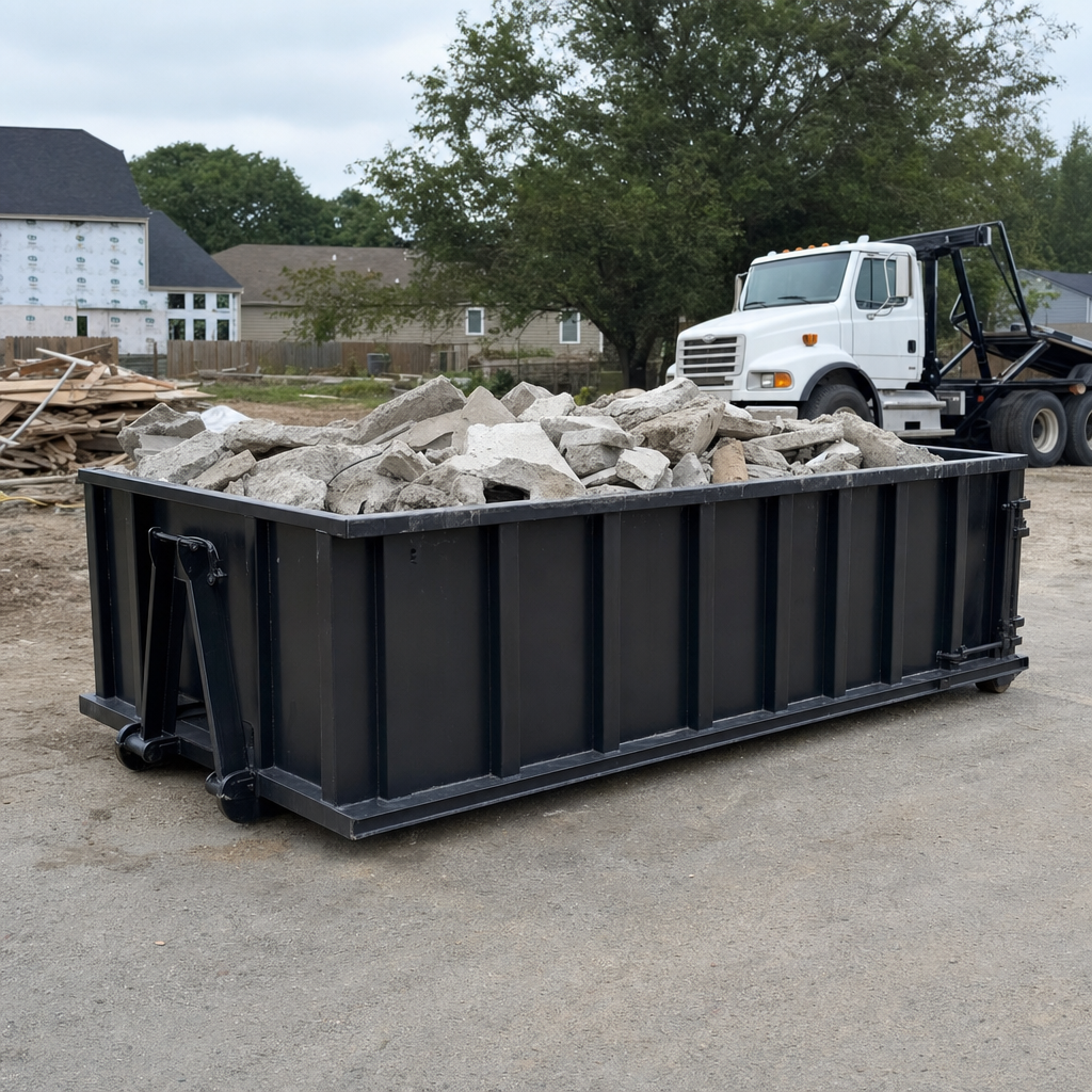 Low-profile matte-black lowboy roll-off dumpster loaded with broken concrete slab and rebar at a foundation tear-out in Surprise, skid steer parked beside it, sunny Colorado morning