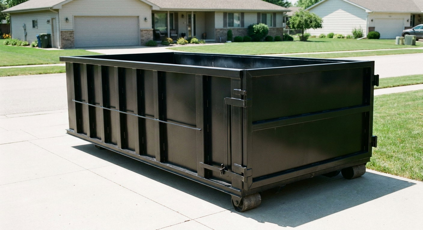 Matte-black 10-yard roll-off dumpster on a residential concrete driveway in Surprise, uniformly painted matte black across every panel and rail, ribbed steel sidewalls and rear swing door visible, mid-day daylight.