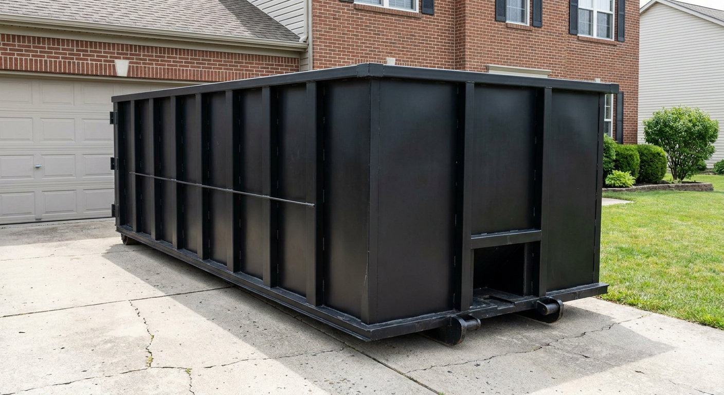 Matte-black 20-yard roll-off container on a Surprise residential concrete driveway with reinforced ribbed steel sidewalls and a hinged rear walk-in door, clean bright daylight.