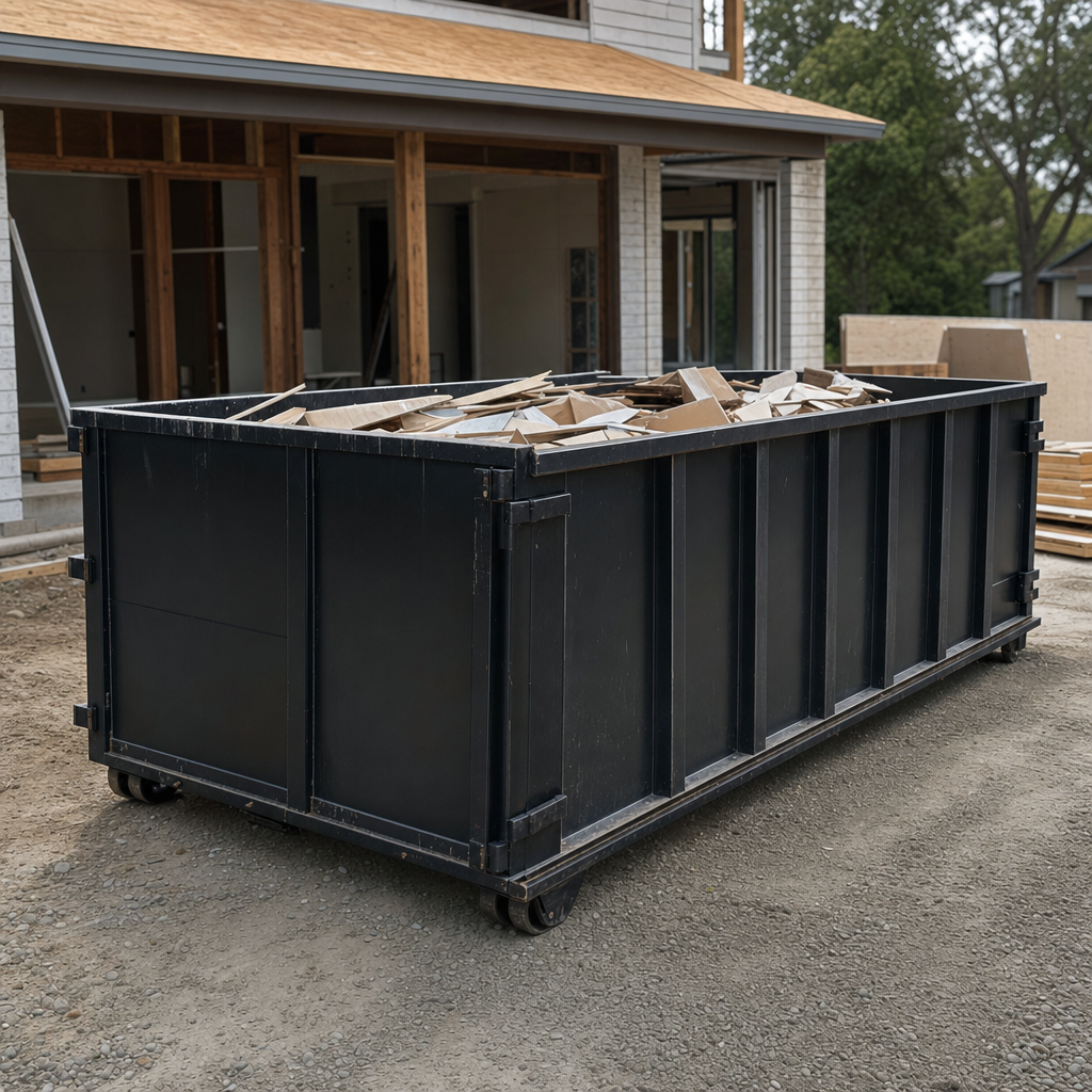 Large matte-black 30-yard construction roll-off dumpster at an active Surprise jobsite, steel-gray top rails and bottom rollers visible, loaded with construction debris.