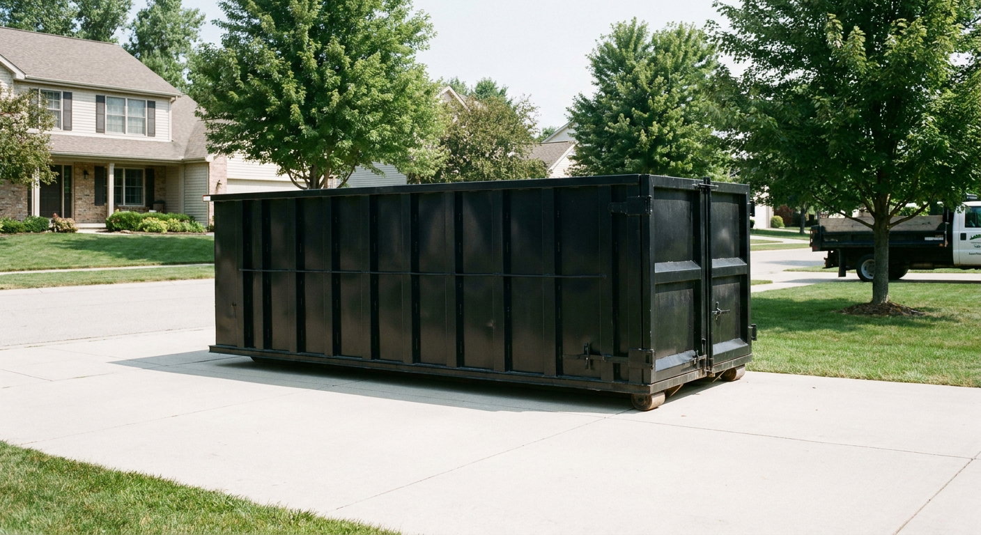 Matte-black 20-yard roll-off dumpster sitting level on a clean Surprise residential concrete driveway under bright daylight, demonstrating clean placement directly on the concrete.