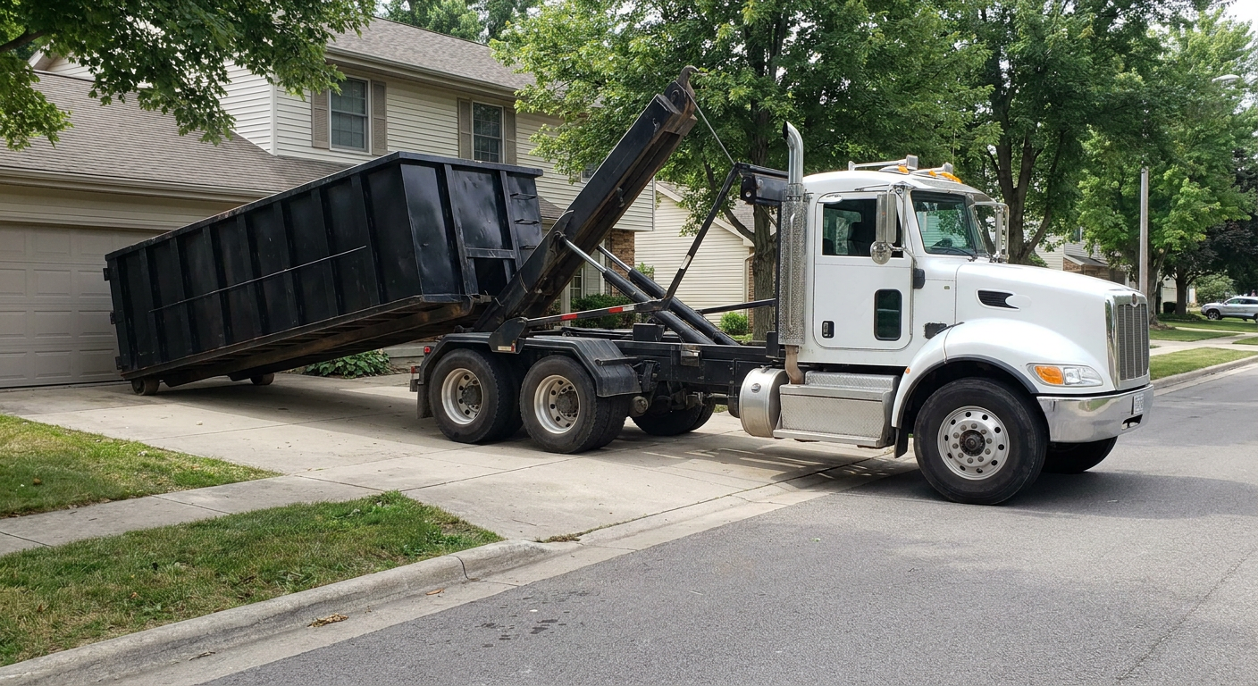 White-cab hooklift roll-off truck actively lowering a matte-black dumpster onto a Surprise residential concrete driveway, the dumpster's rear wheels touching the driveway as the hoist arm tilts the bed forward, mid-morning daylight.