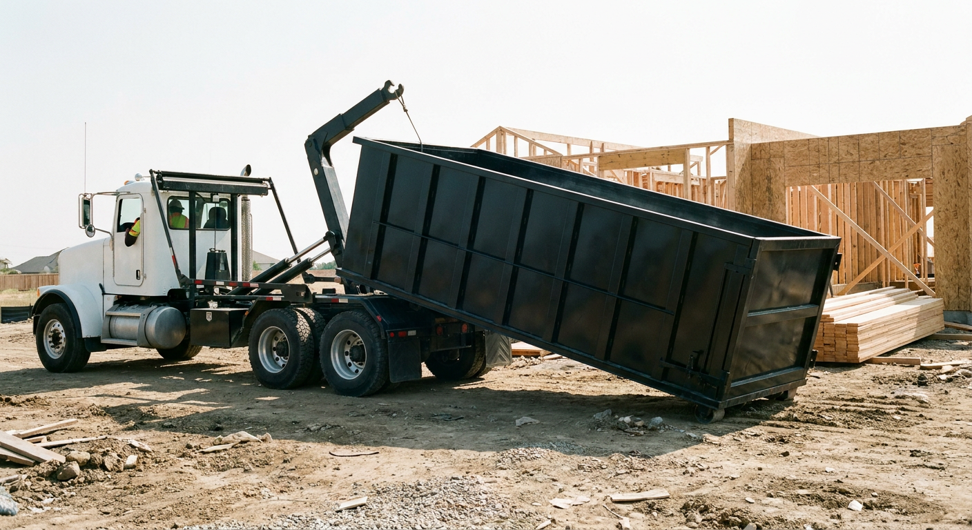 Matte-black roll-off dumpster being delivered onto a clean residential concrete driveway in Surprise by an unmarked white hooklift hauler truck, bright morning daylight, documentary 35mm perspective.