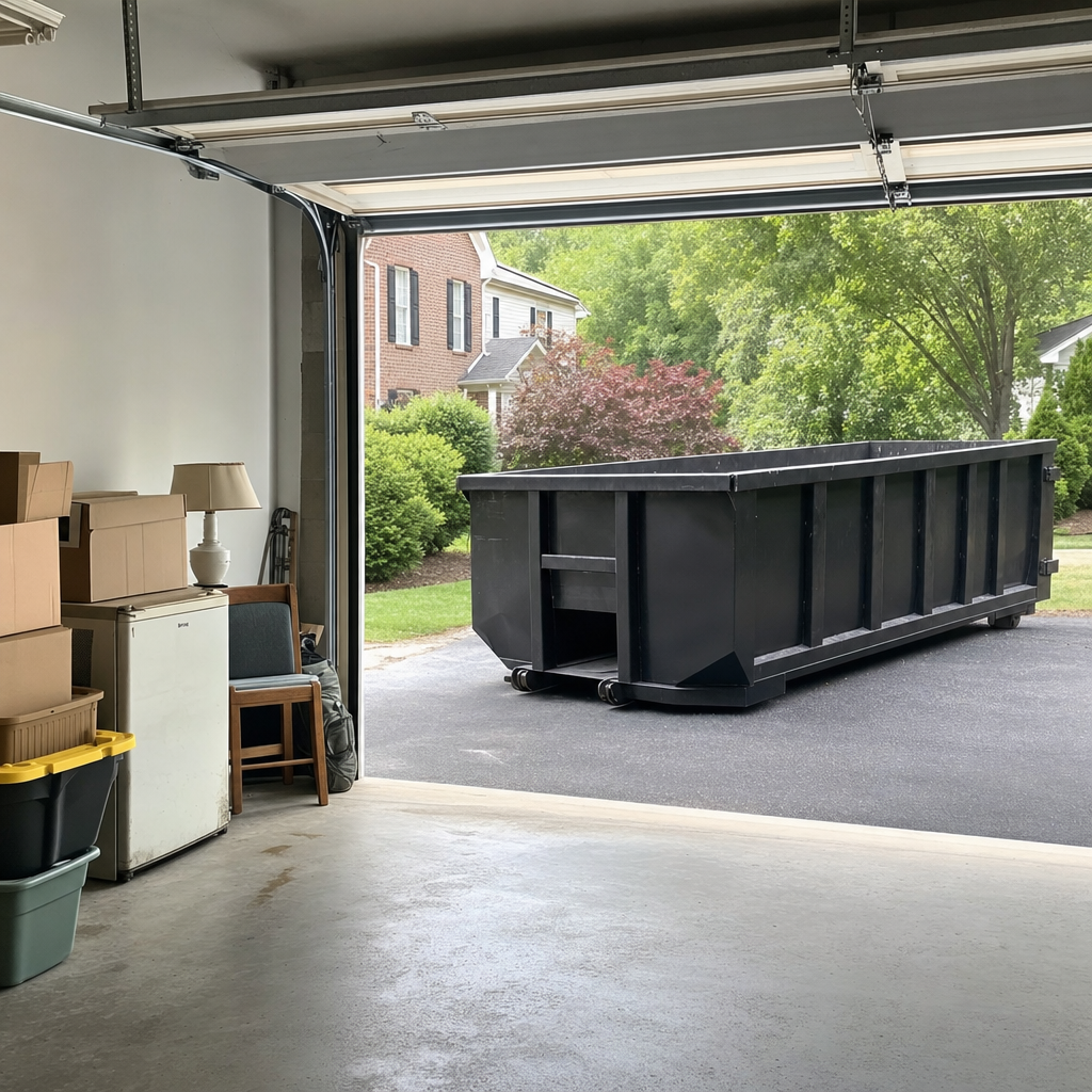 Open garage interior in a Surprise home mid-cleanout — boxed items, an old appliance, and stacked yard tools queued near the driveway for a matte-black roll-off dumpster, organized and calm