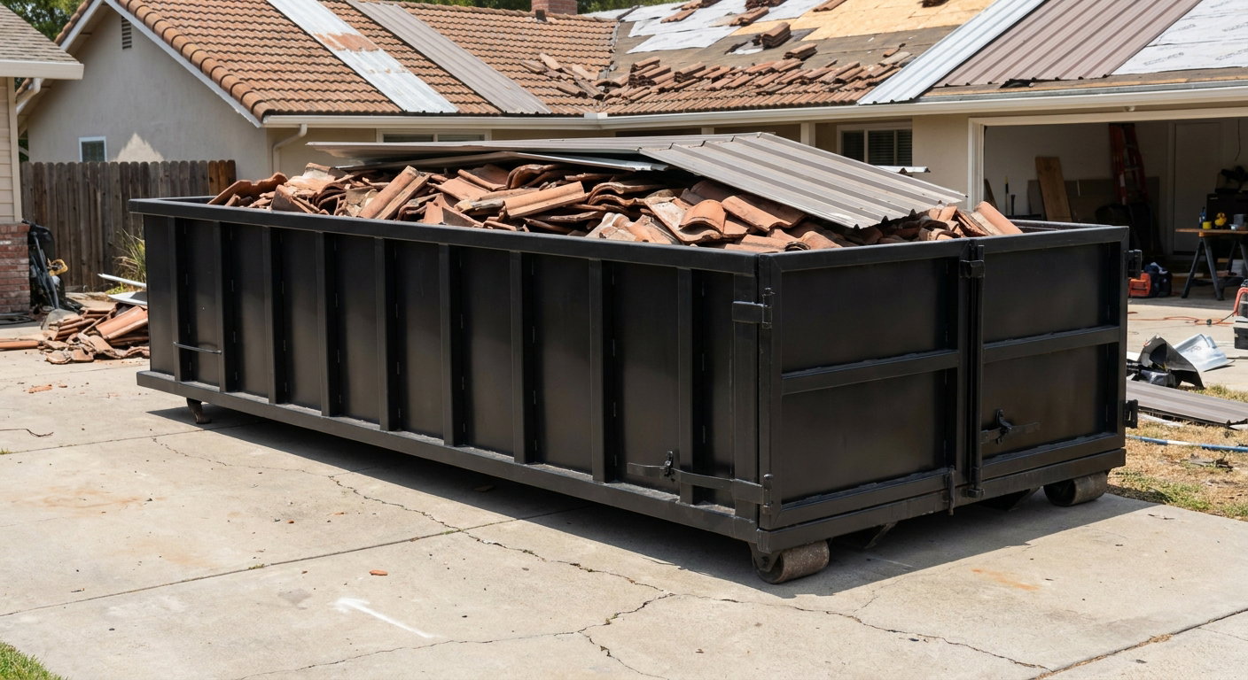 Matte-black low-wall heavy-debris roofing roll-off dumpster sitting directly on a Surprise concrete driveway, broken concrete clay roof tiles and metal panel sections loaded inside, reinforced ribbed steel side walls visible, bright outdoor daylight.