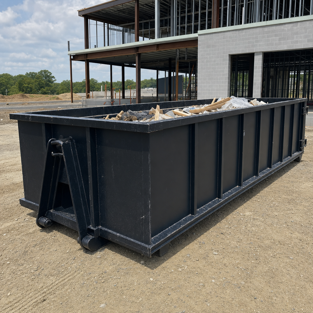 A matte-black 40-yard roll-off dumpster staged on a large Surprise commercial construction lot, with a hooklift delivery truck parked alongside under bright midday sky.